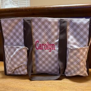 Thirty-One Gray Checkered Tote with Brown Handles